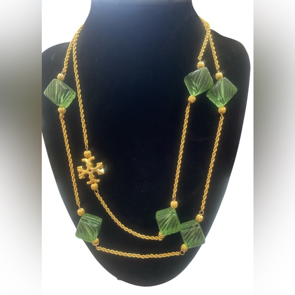 TORY BURCH• Roxanne Long Necklace in Goldtone & Resin Azure Green - Picture 2 of 4